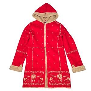 Gap Kids Coat Girls 10 Sherpa Lined Red Embroidered Bohemian Boho Floral Hooded